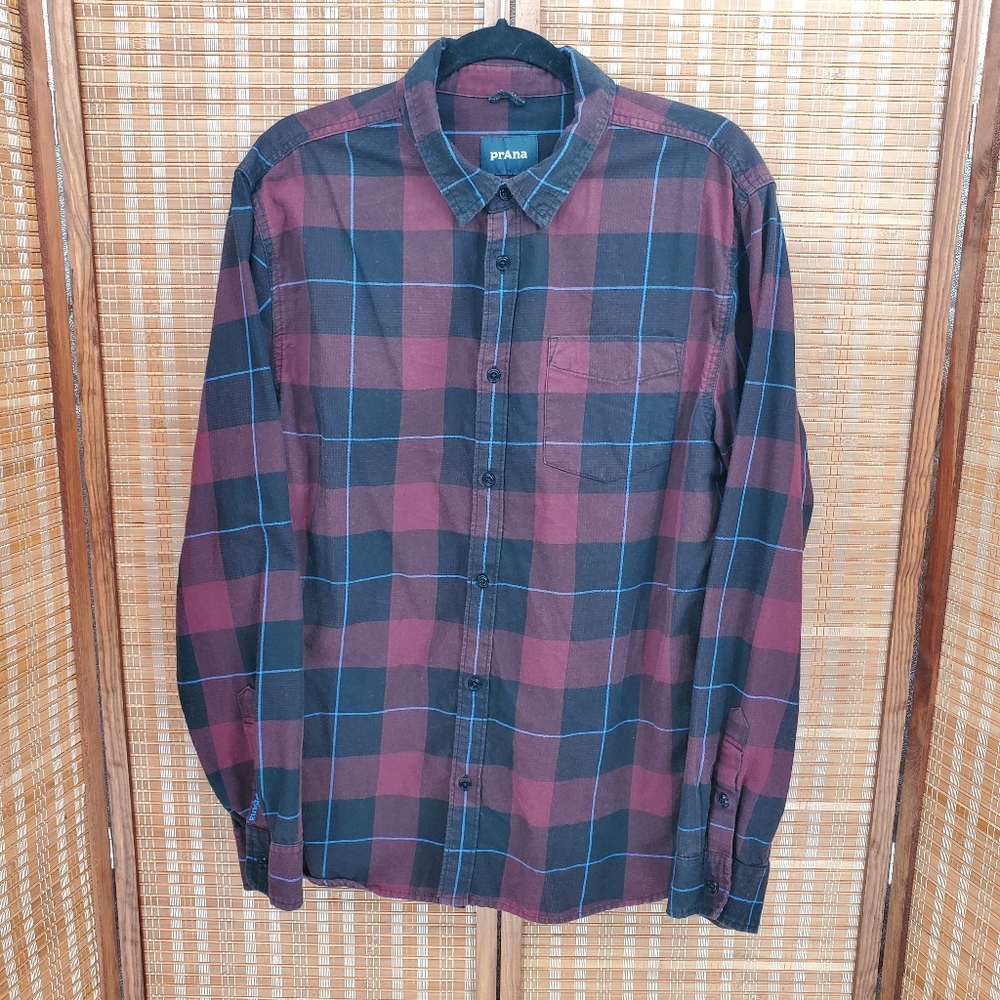 ♧ Prana Red and Blue Mens Cotton Plaid Long Sleeve Button Up Shirt Size Large